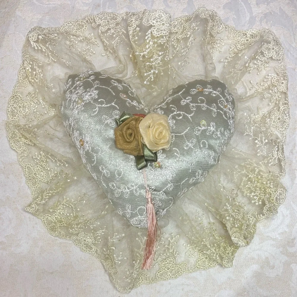 Victorian French Lover Lace Heart Pillow Hand Crafted Vintage Cottage Decor Pink